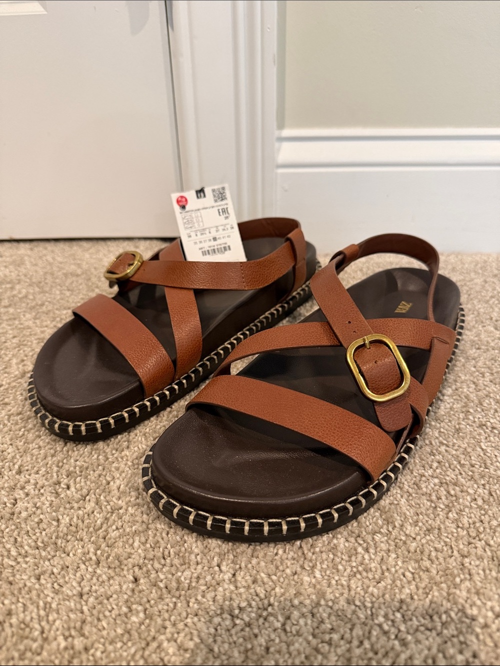 Zara Brown Leather-Strap Buckle Sandals NWT Sz 39